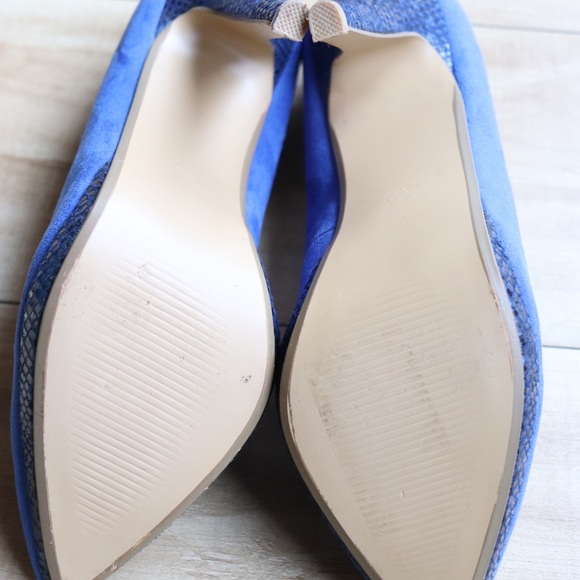 Blue Pointy Toe Pumps With Snake Print Trim - Picture 6 of 7